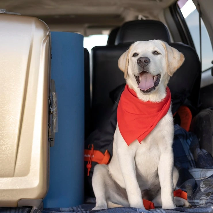 Yellow labrador wearing red bandana sitting in car with travel gear and cooler