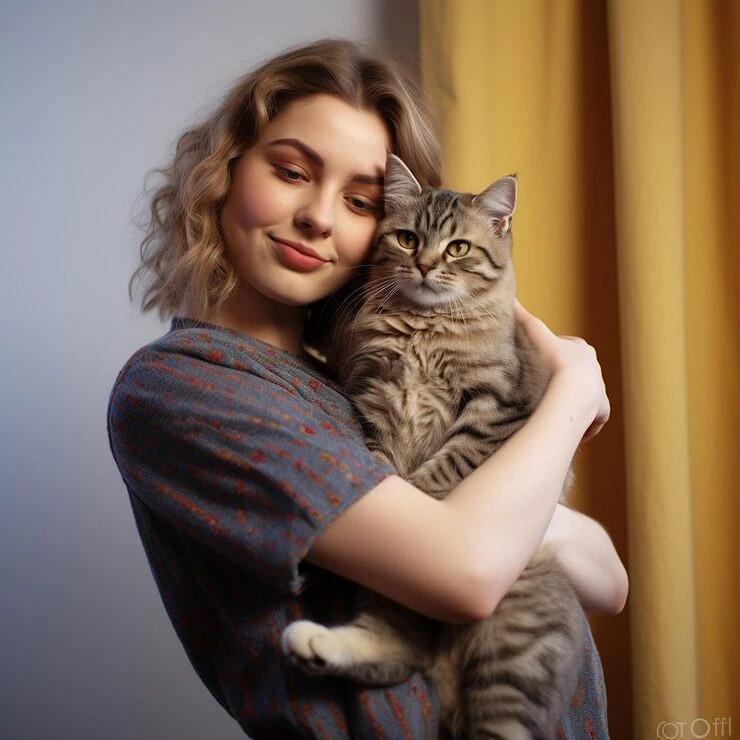 Woman carrying grey british shorthair cat